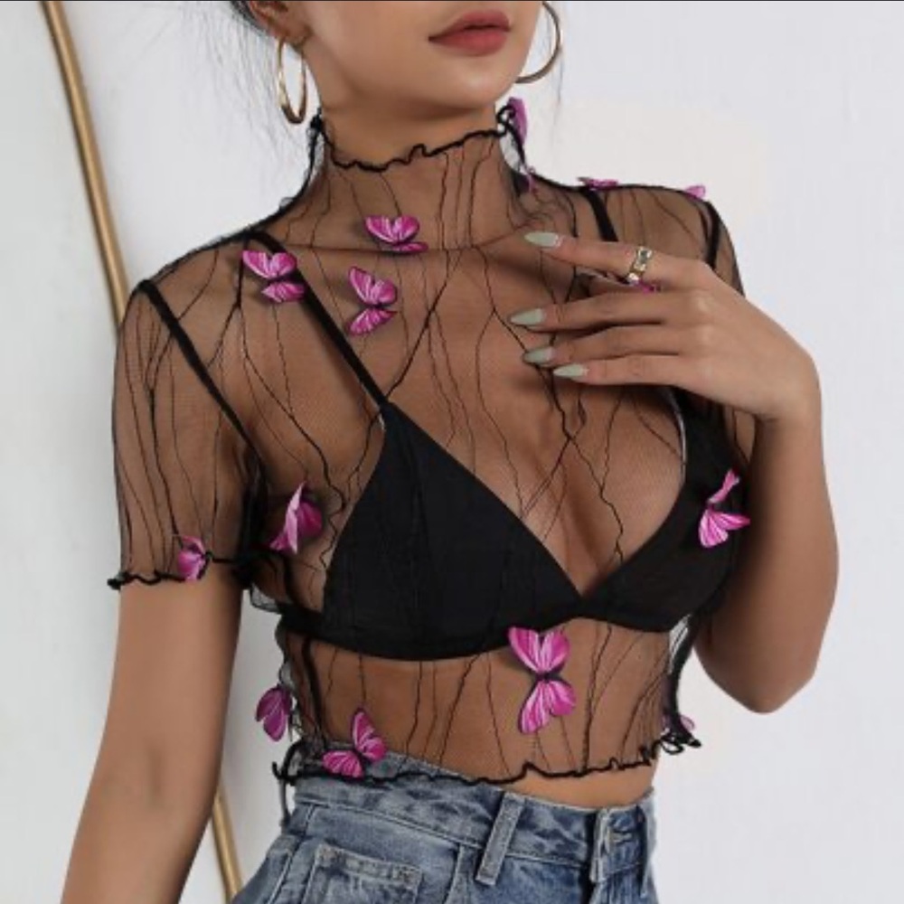 SHEIN Pink  and Black butterfly Embellished Crop Top Sz small